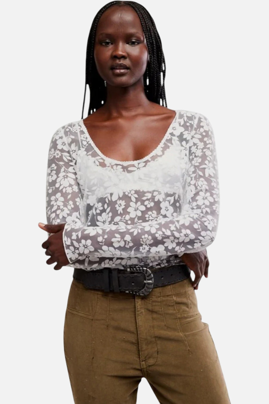 Free People Early Sunsets Lace Layering Top in Ivory – on model