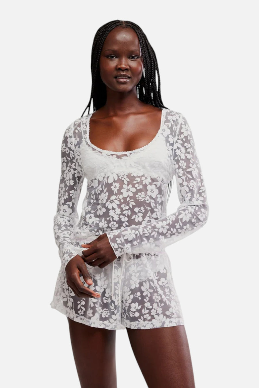 Free People Early Sunsets Lace Layering Top in Ivory – on model