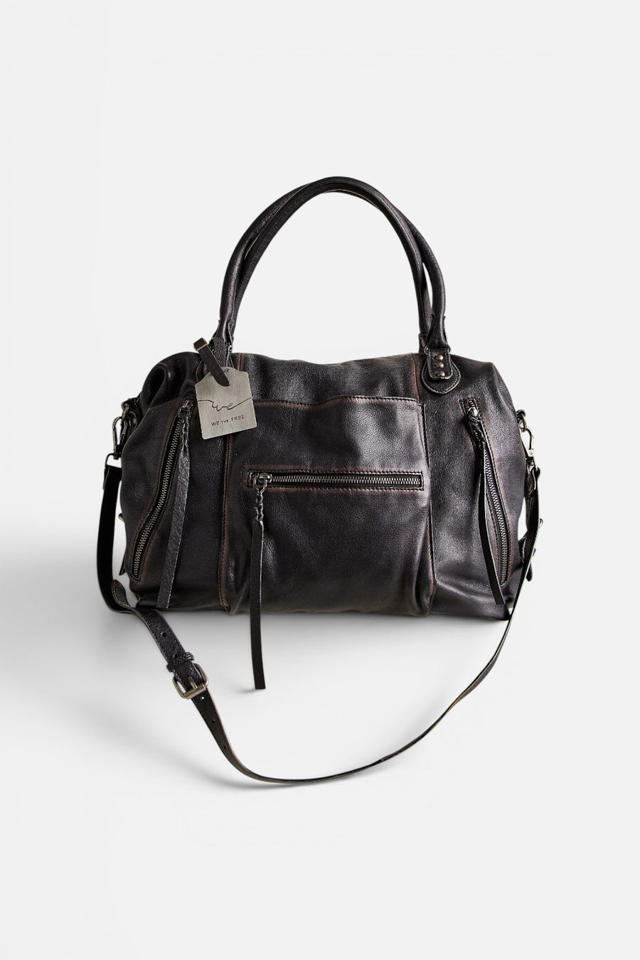 Free People Emerson leather tote in black, front view.