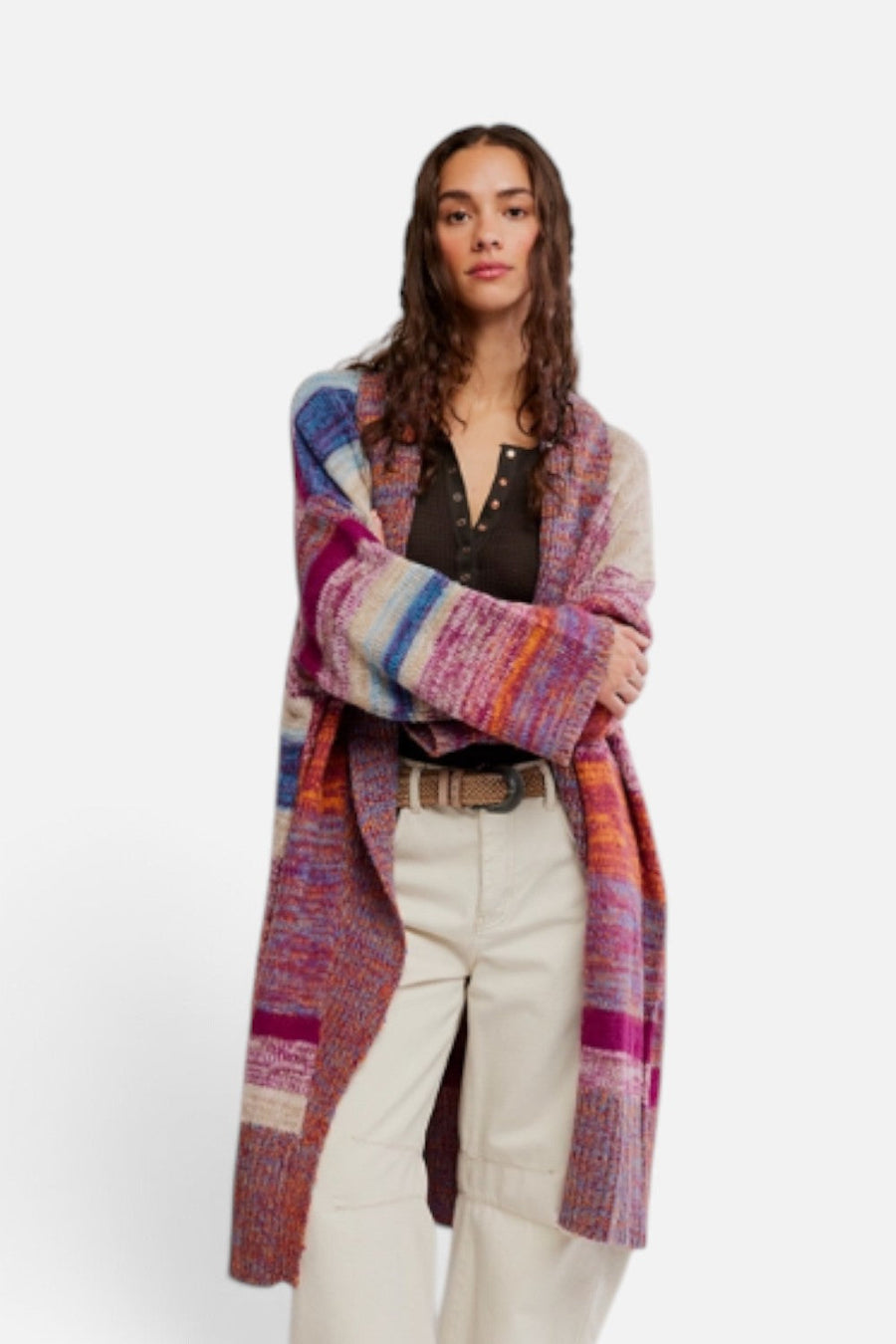 Free People Enid Cardigan in Ocean Sunset Combo – front view