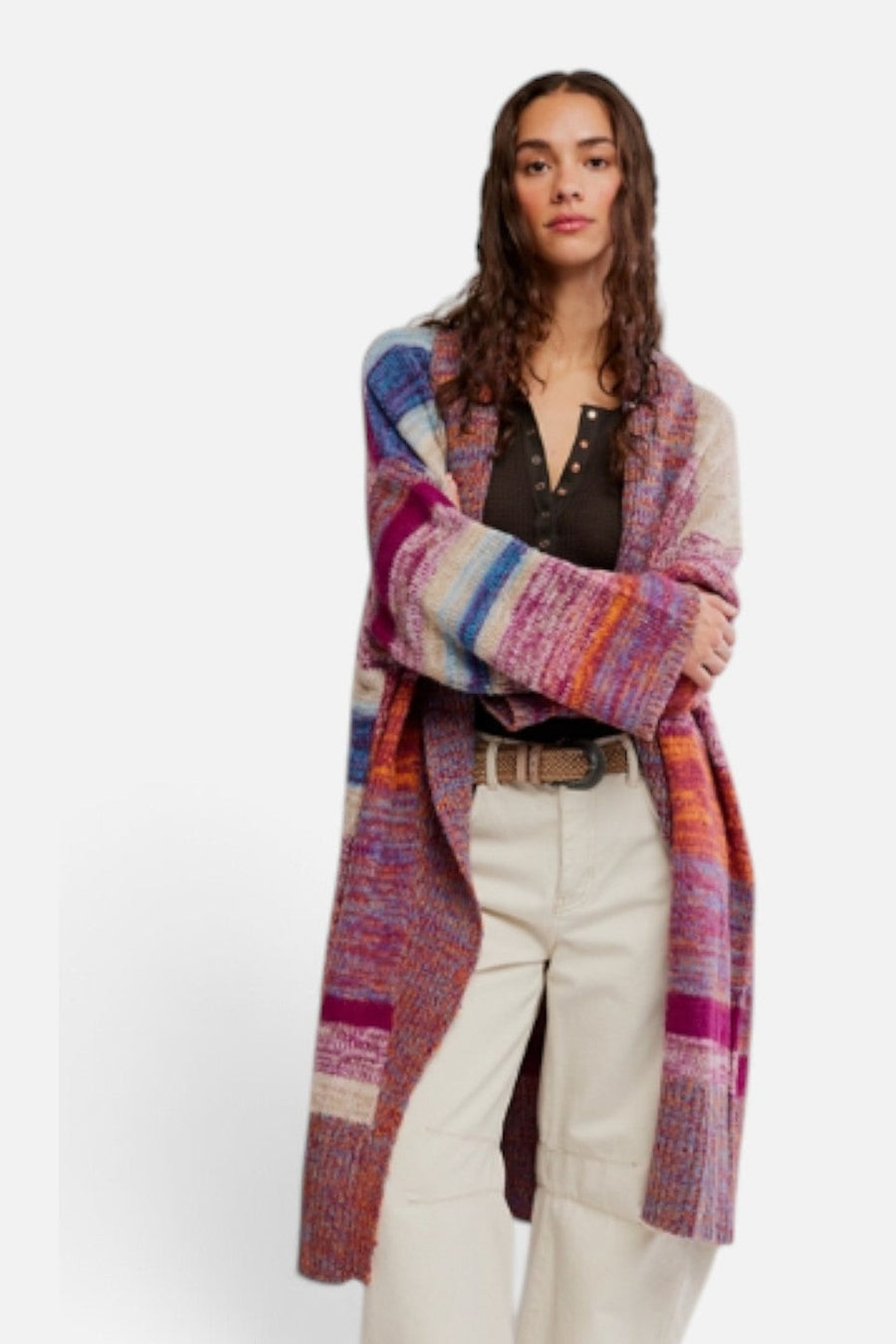 Free People Enid Cardigan in Ocean Sunset Combo – side view