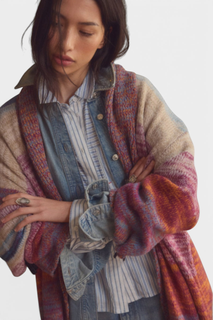 Free People Enid Cardigan in Ocean Sunset Combo – side view
