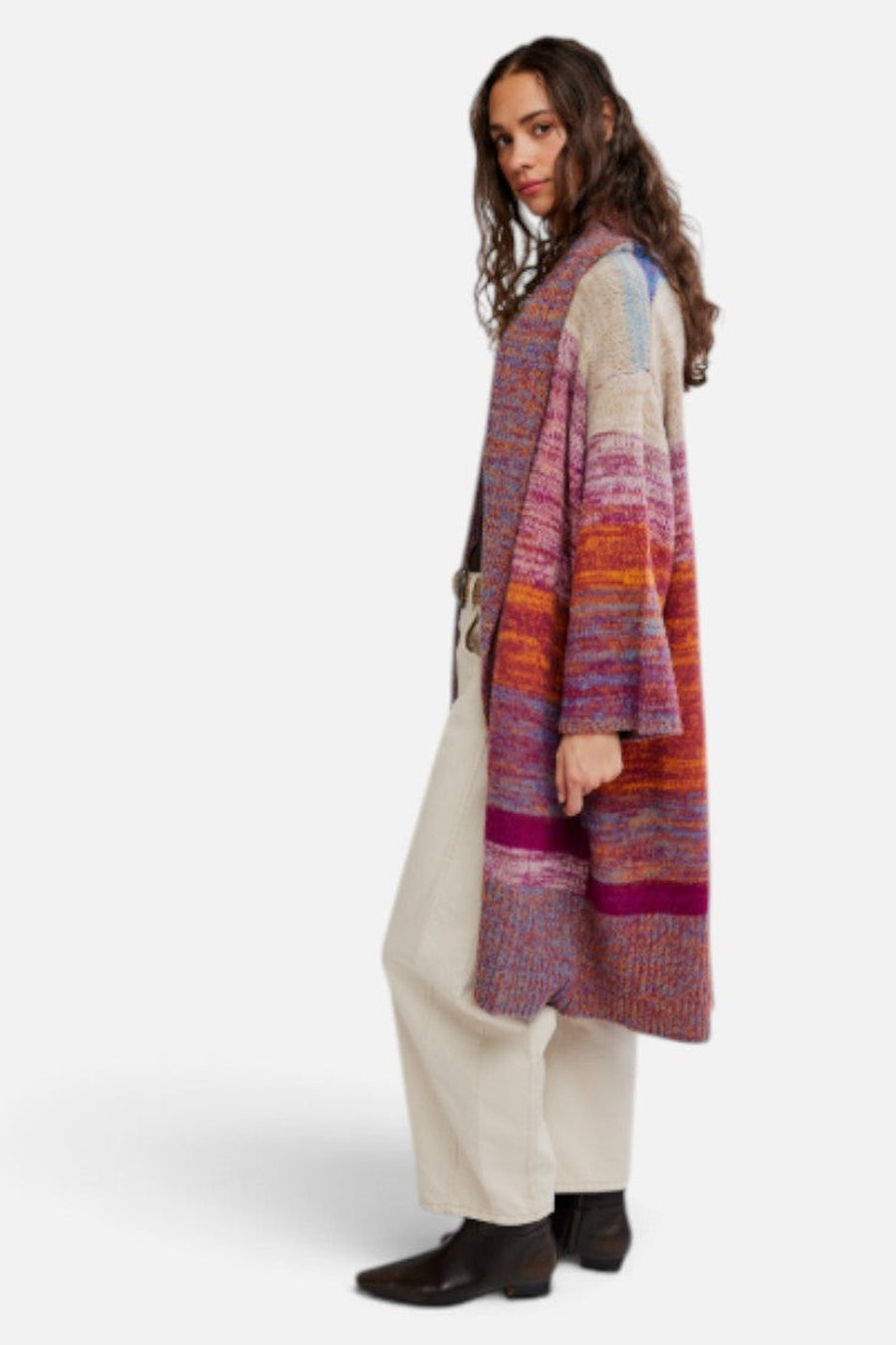 Free People Enid Cardigan in Ocean Sunset Combo – side view