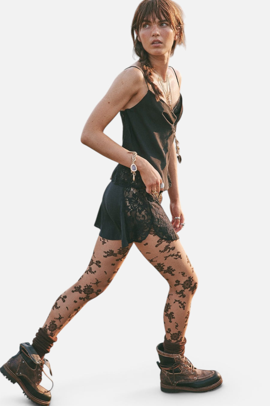 Free People Flocked Floral Tights in Espresso Combo – side view