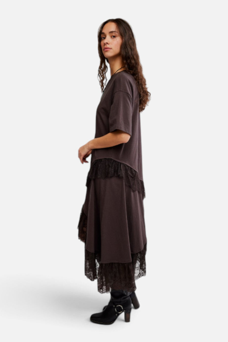 Free People Frosted Lace Layer Tee Dress in Deep Fudge – back view