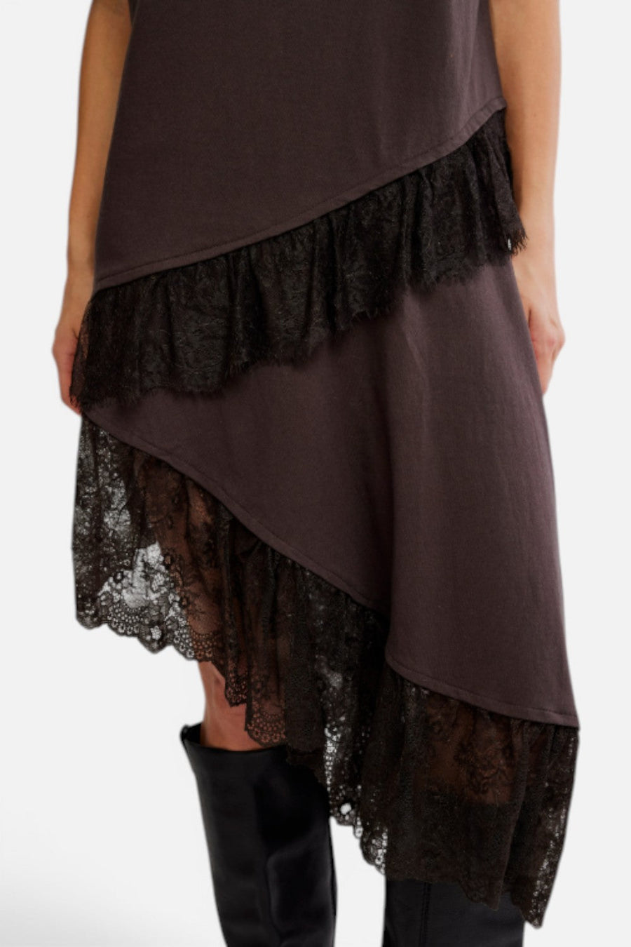 Free People Frosted Lace Layer Tee Dress in Deep Fudge – detail
