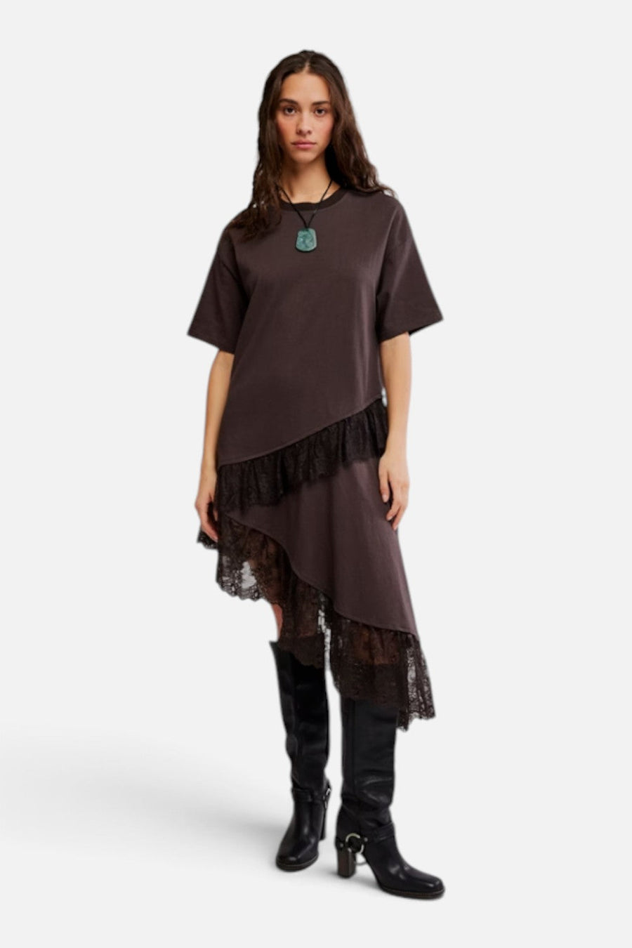 Free People Frosted Lace Layer Tee Dress in Deep Fudge – front view