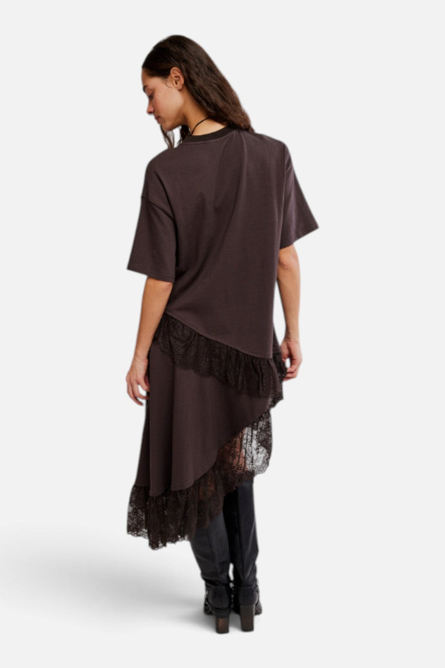 Free People Frosted Lace Layer Tee Dress in Deep Fudge – side view