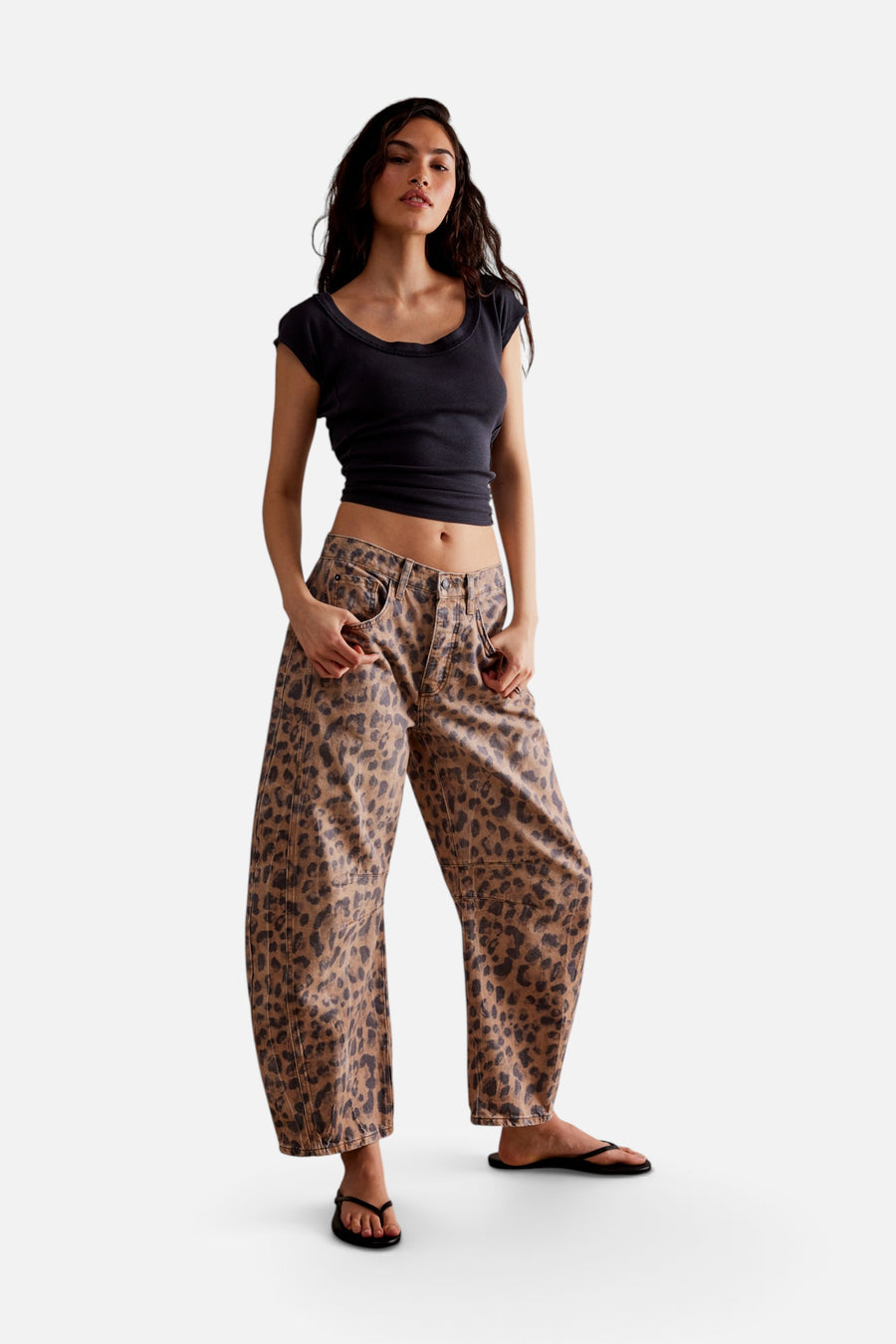 Free People Good Luck Printed Barrel Jeans in Brown Sugar Combo – front view