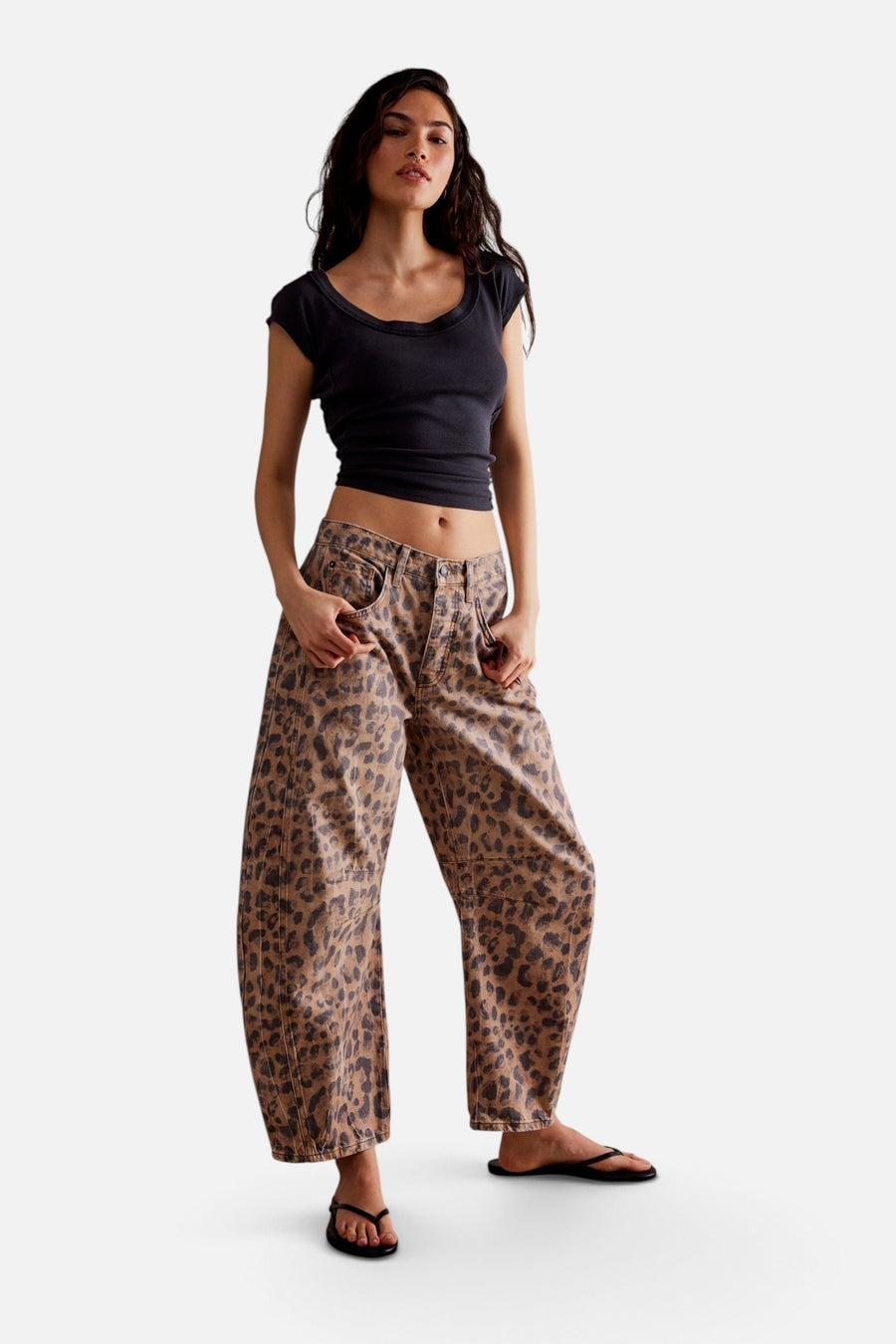Free People Good Luck Printed Barrel Jeans in Brown Sugar Combo – on model