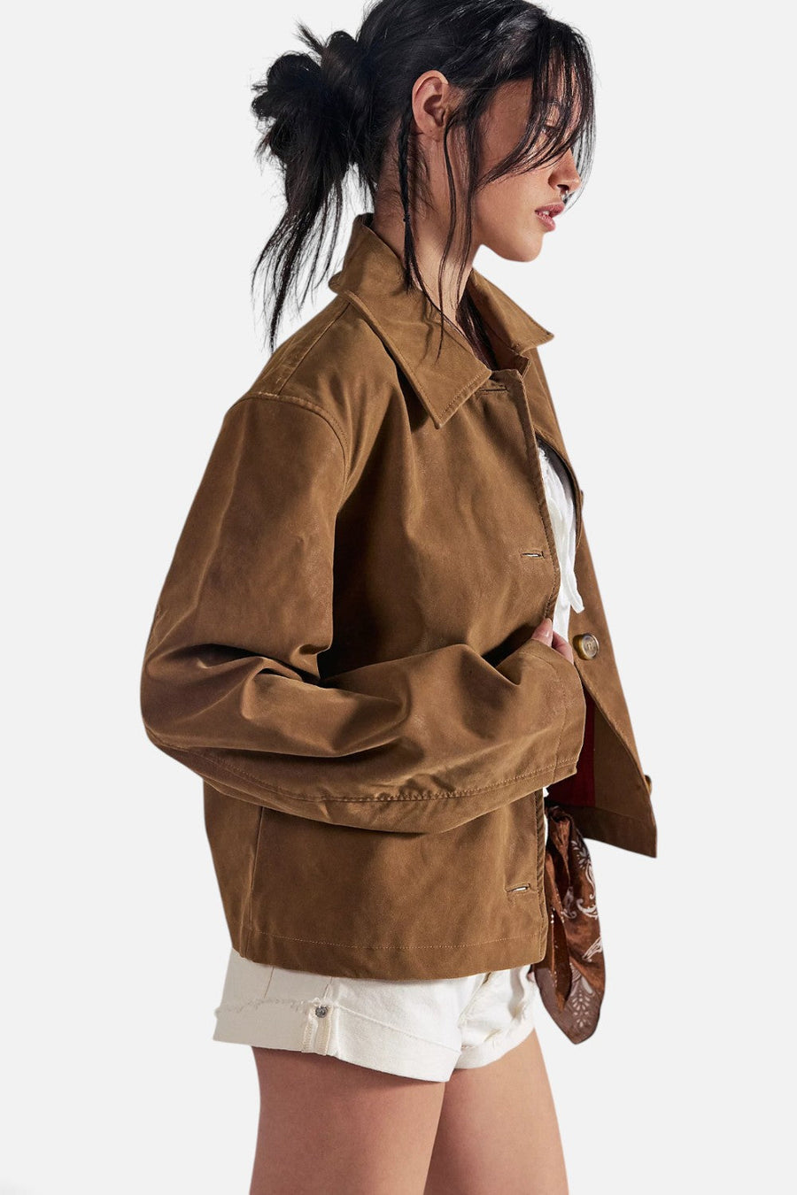 Free People Hera Sierra Vegan Suede Jacket in Caramel Cafe – back view