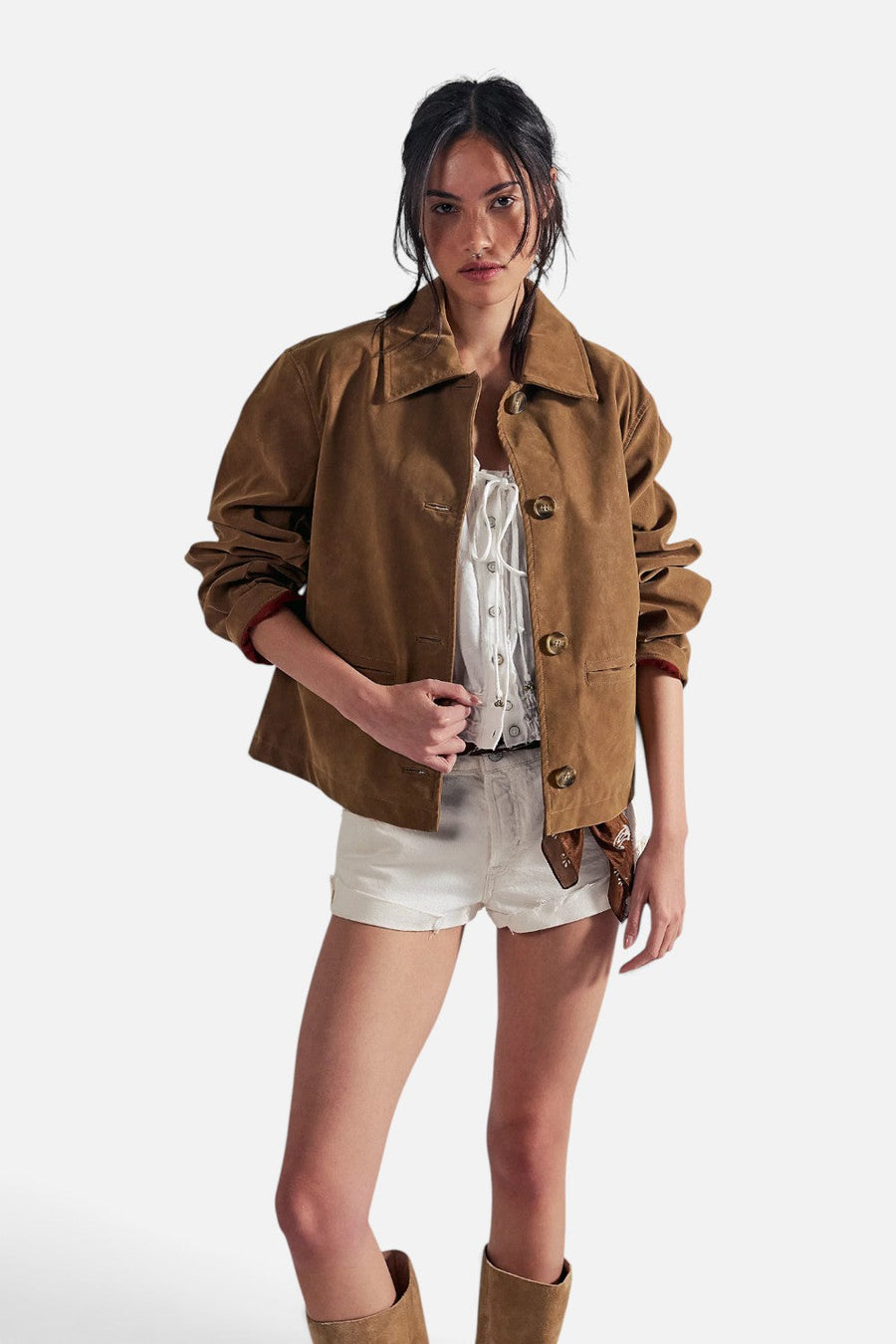Free People Hera Sierra Vegan Suede Jacket in Caramel Cafe – detail