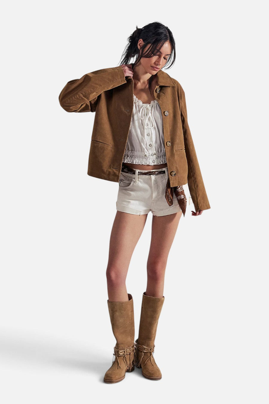 Free People Hera Sierra Vegan Suede Jacket in Caramel Cafe – flat lay