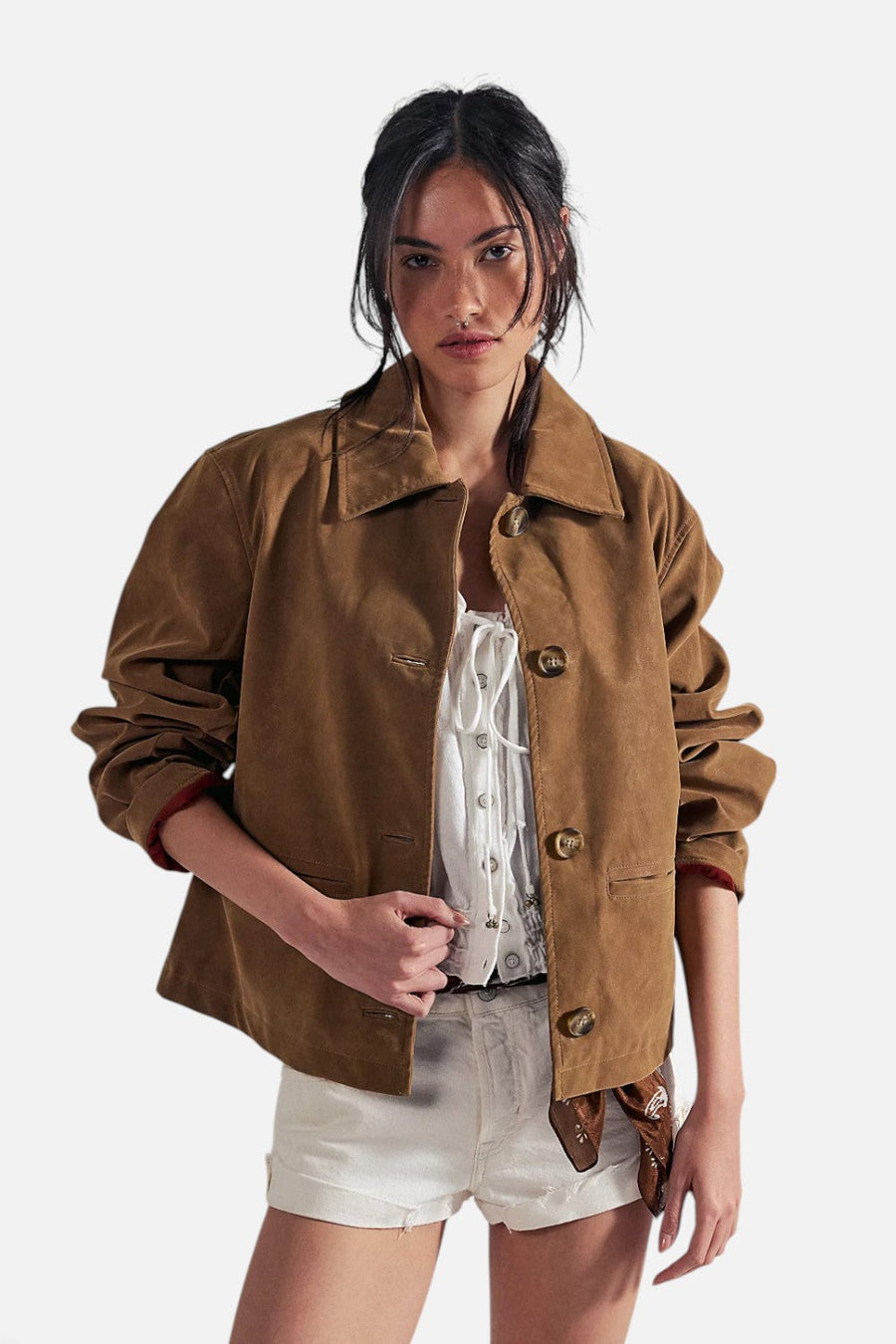 Free People Hera Sierra Vegan Suede Jacket in Caramel Cafe – front view