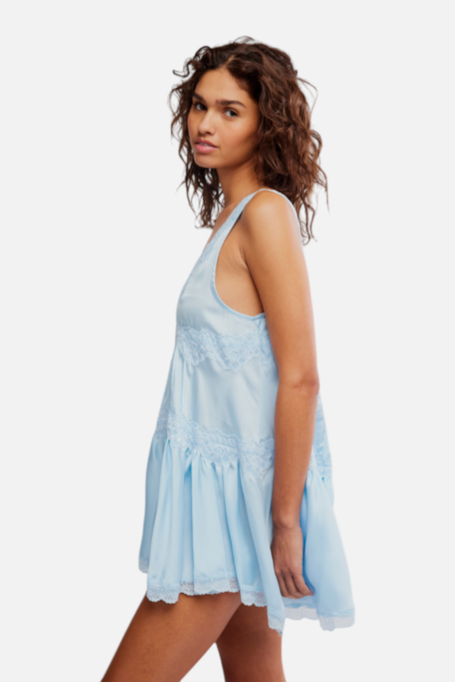 Free People In This Groove Mini Slip Dress in Dew Shine – side view