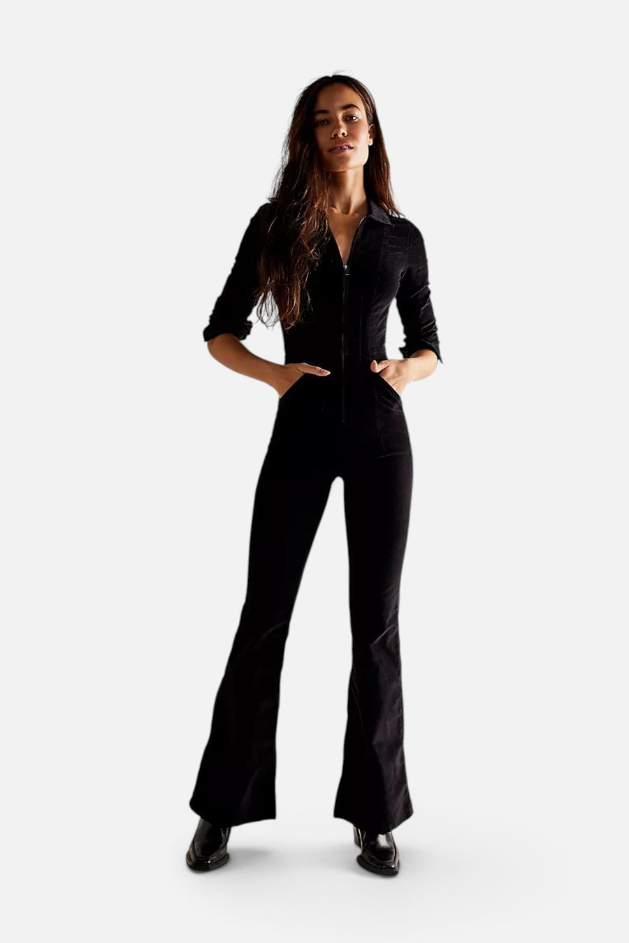 Free People Jayde Cord Flare Jumpsuit in Black – front view