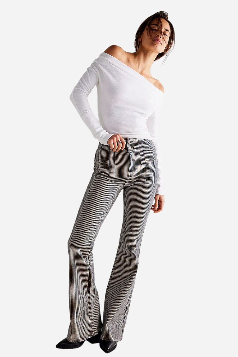 Free People Jayde Railroad Flare Jeans in Train Car Stripe – front view