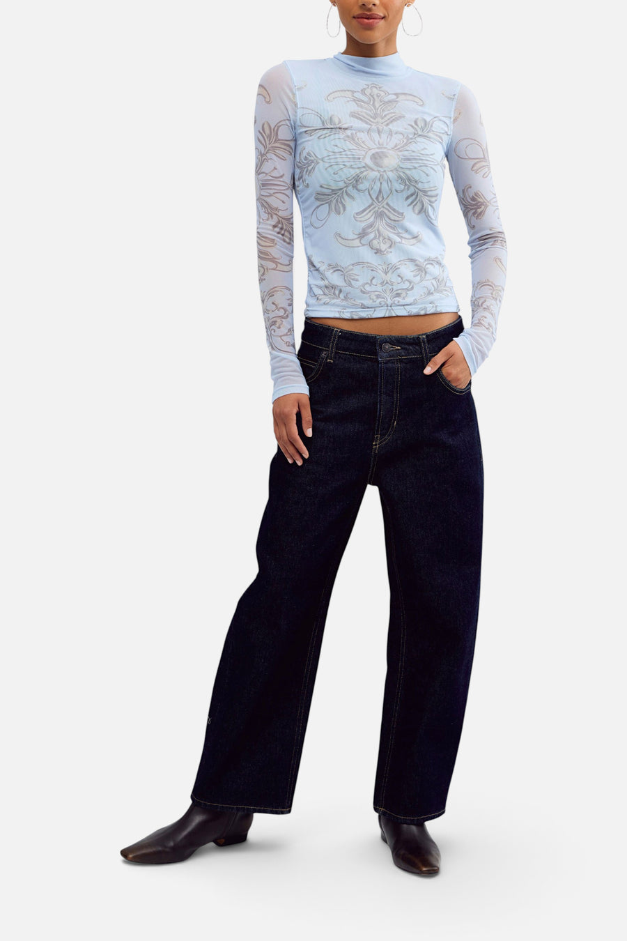 Free People Jessa Long Sleeve Top in Blue Combo – flat lay