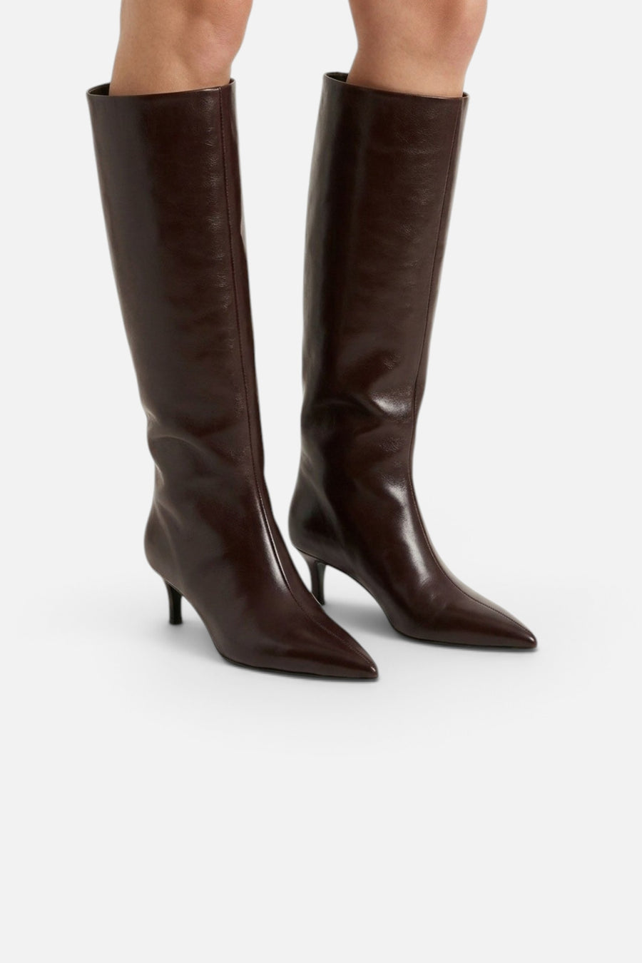 Free People Kiki Kitten Heel Boots in Mahogany Leather – on model