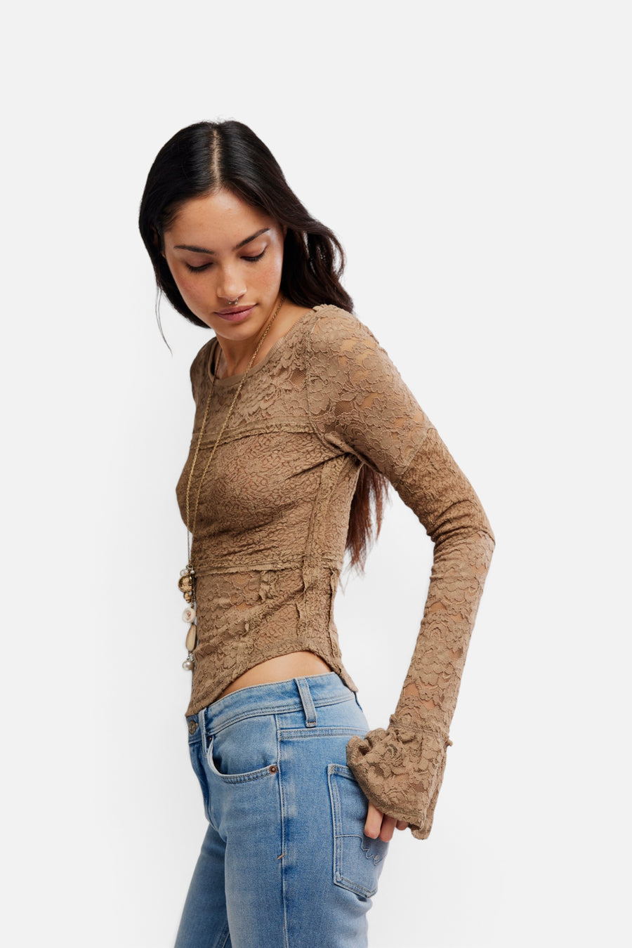 Free People Lace Layering Long Sleeve in Dutch Cocoa – back view