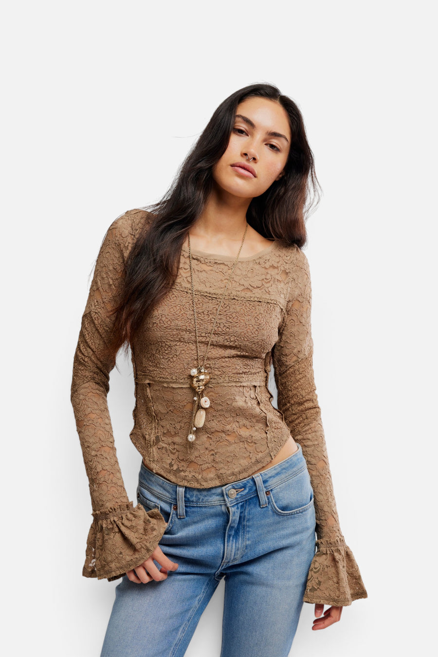 Free People Lace Layering Long Sleeve in Dutch Cocoa – front view