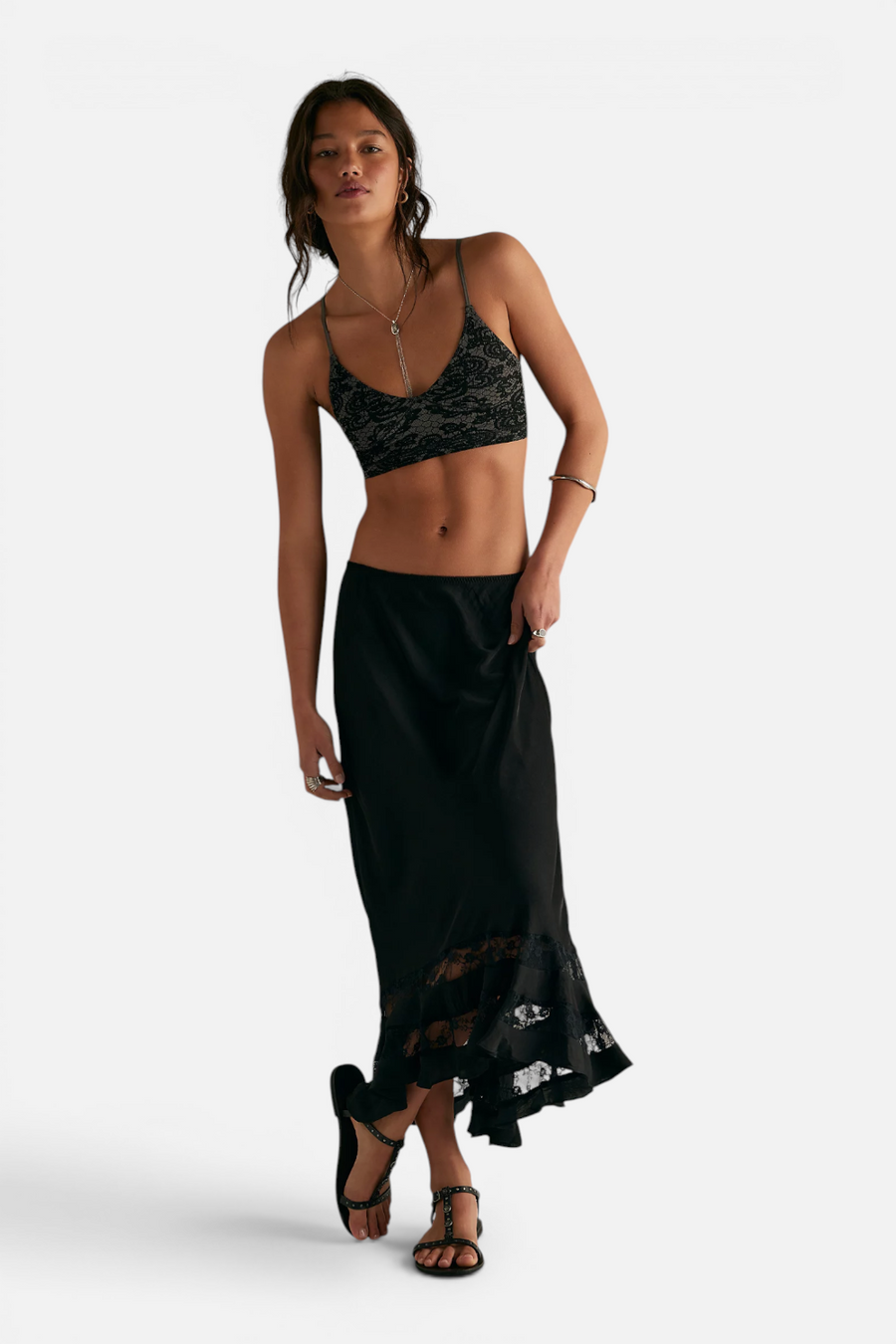 Free People Long Lost Lover Maxi Slip Skirt in Black – alternate
