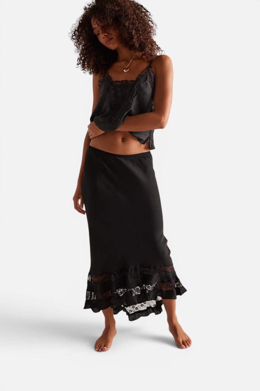 Free People Long Lost Lover Maxi Slip Skirt in Black – detail