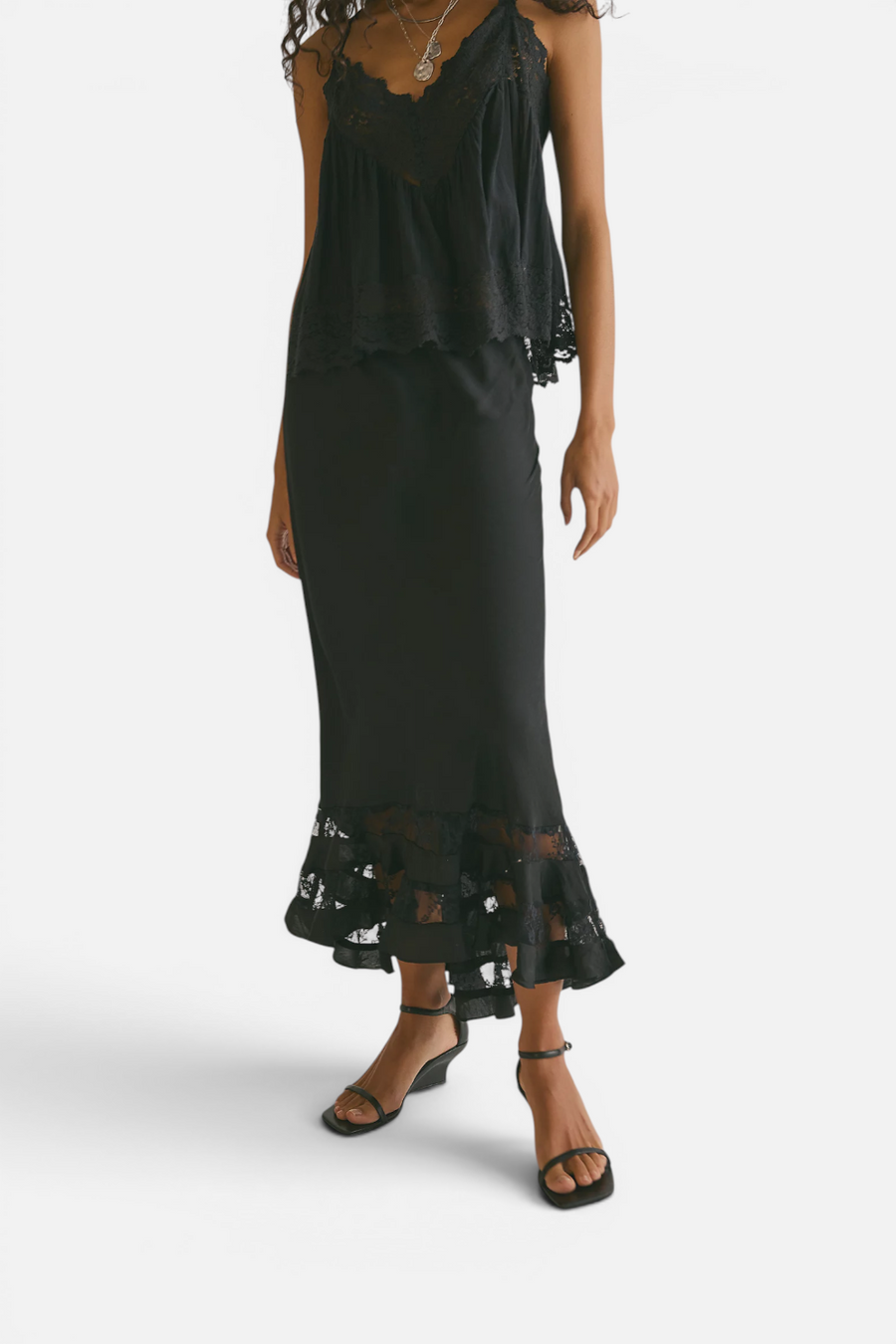 Free People Long Lost Lover Maxi Slip Skirt in Black – flat lay