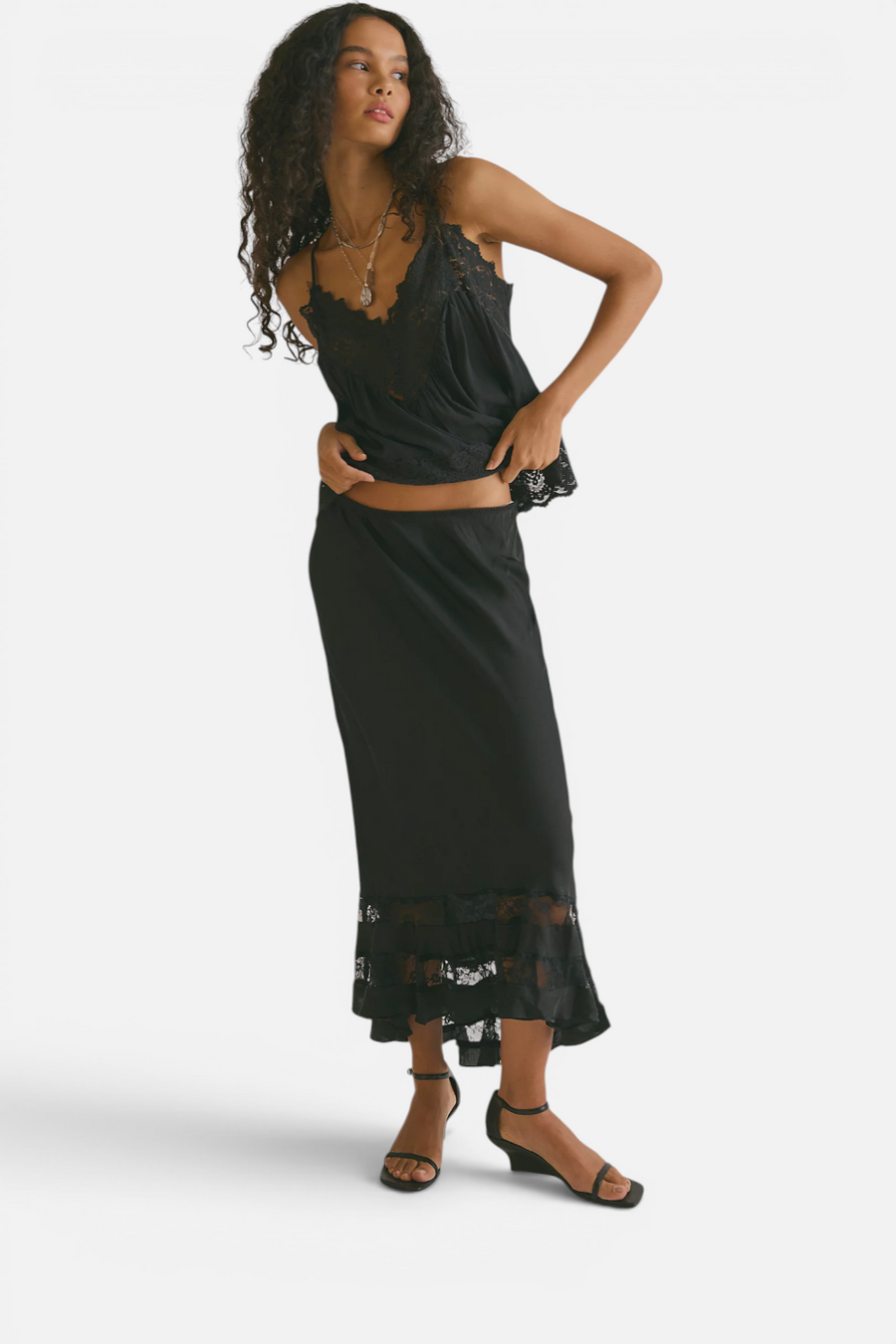Free People Long Lost Lover Maxi Slip Skirt in Black – front view