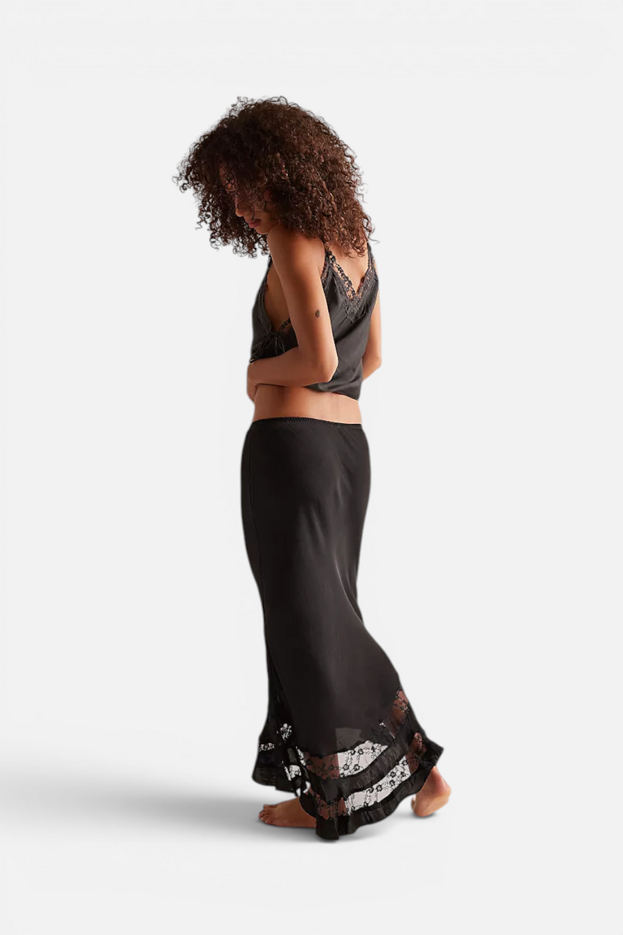 Free People Long Lost Lover Maxi Slip Skirt in Black – side view