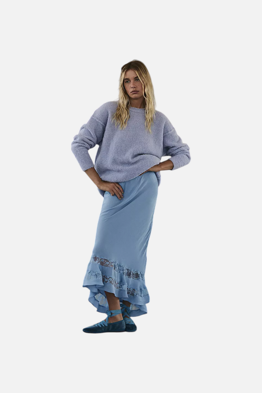 Free People Long Lost Lover Maxi Slip Skirt in Cashmere Blue – front view