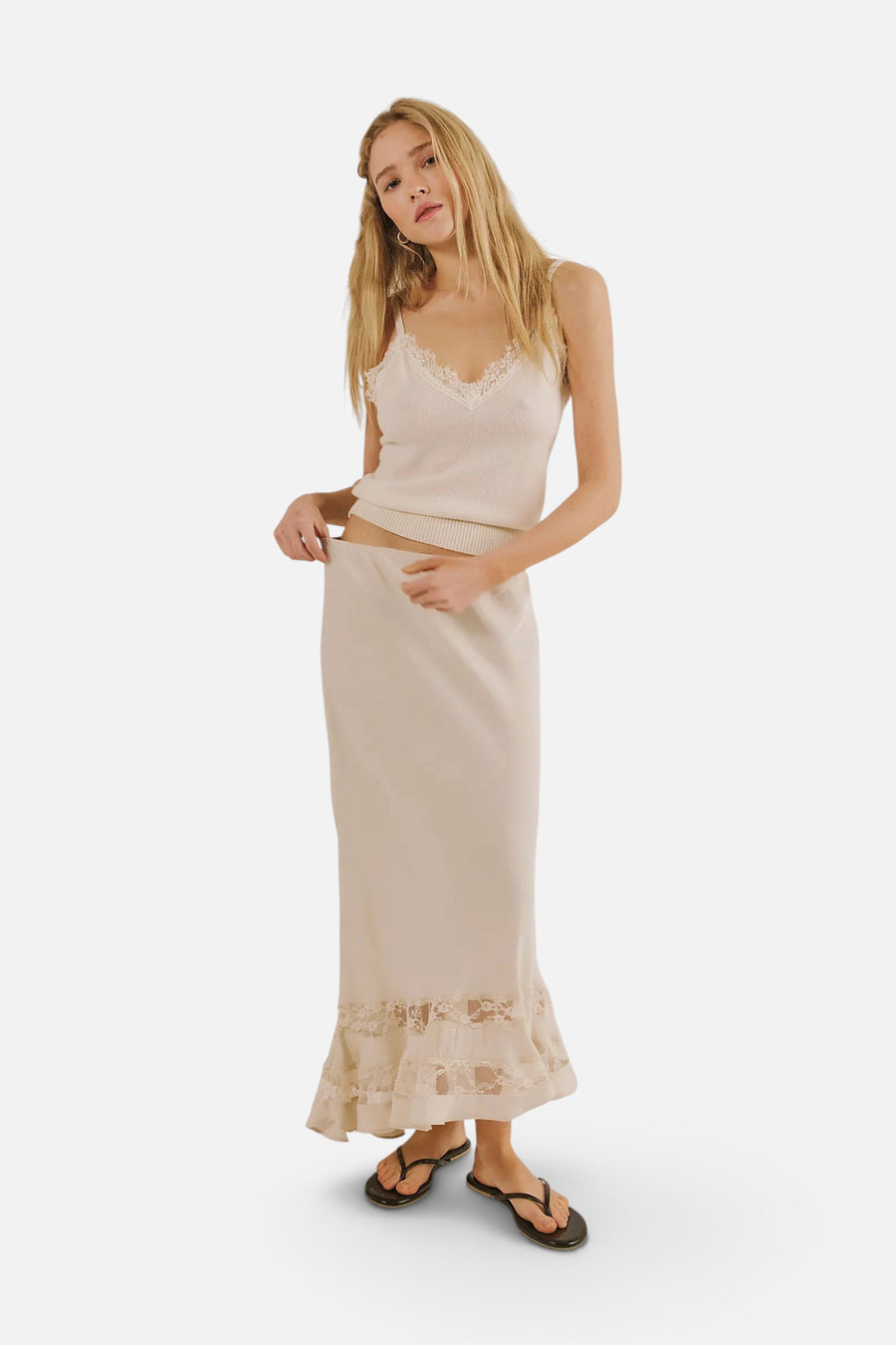 Free People Long Lost Lover Maxi Slip Skirt in Oat – front view