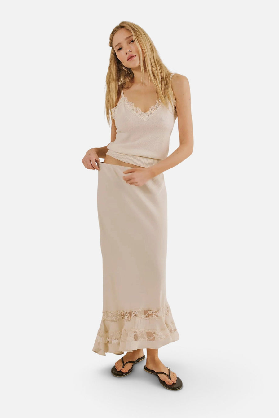 Free People Long Lost Lover Maxi Slip Skirt in Oat – on model