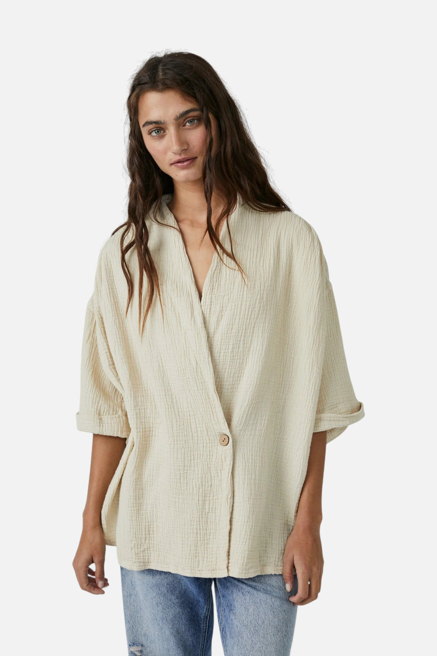 Free People Lou Blazer Shirt in Summer Khaki – front view