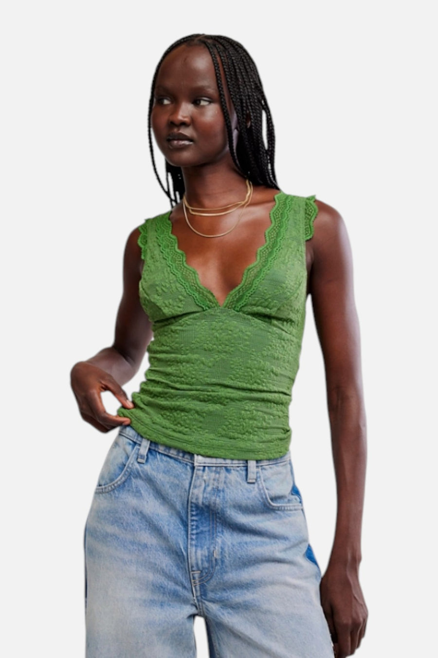 Free People Loved You First Lace Cami in Forest Fairy Green – on model
