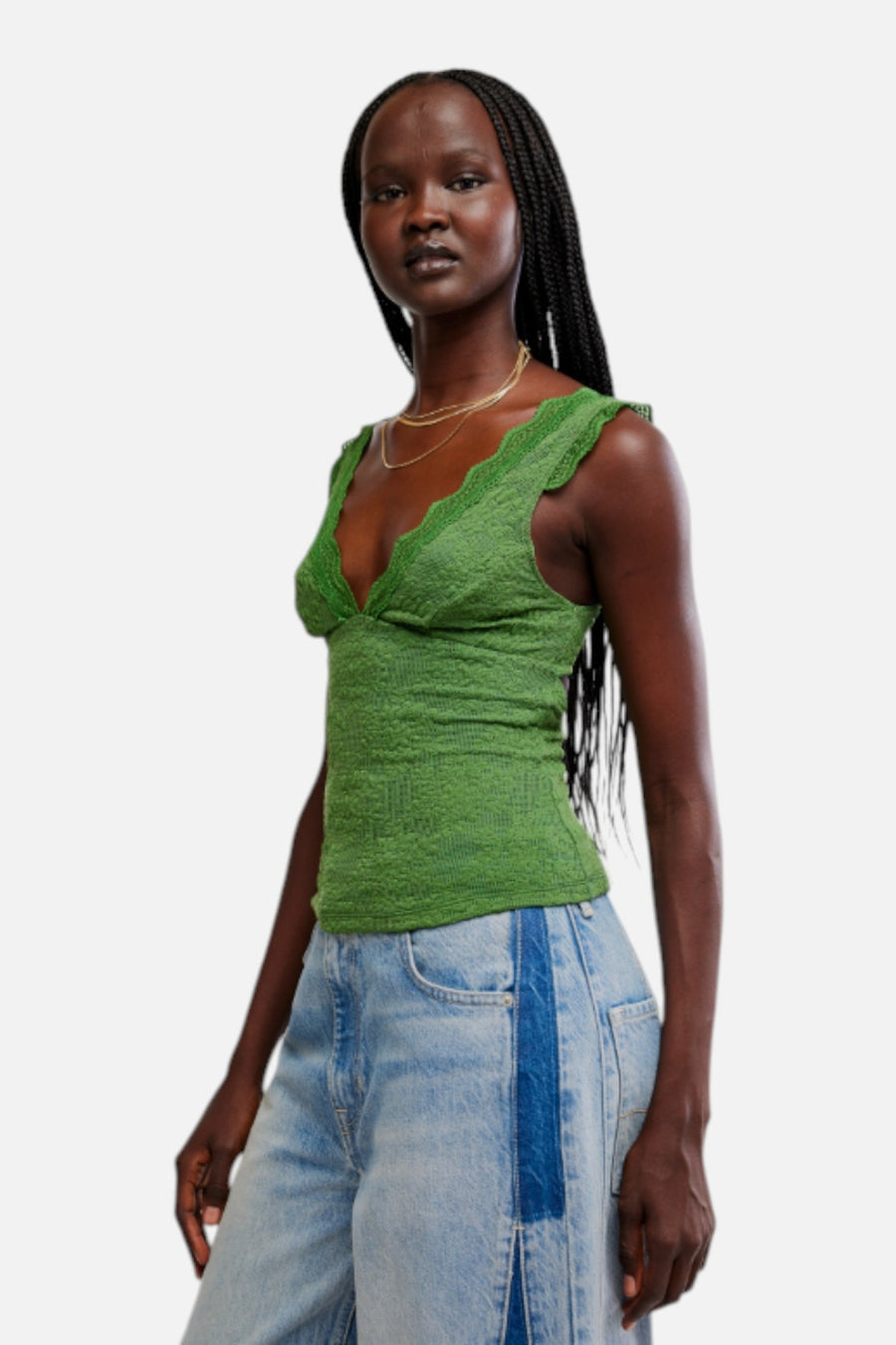Free People Loved You First Lace Cami in Forest Fairy Green – on model