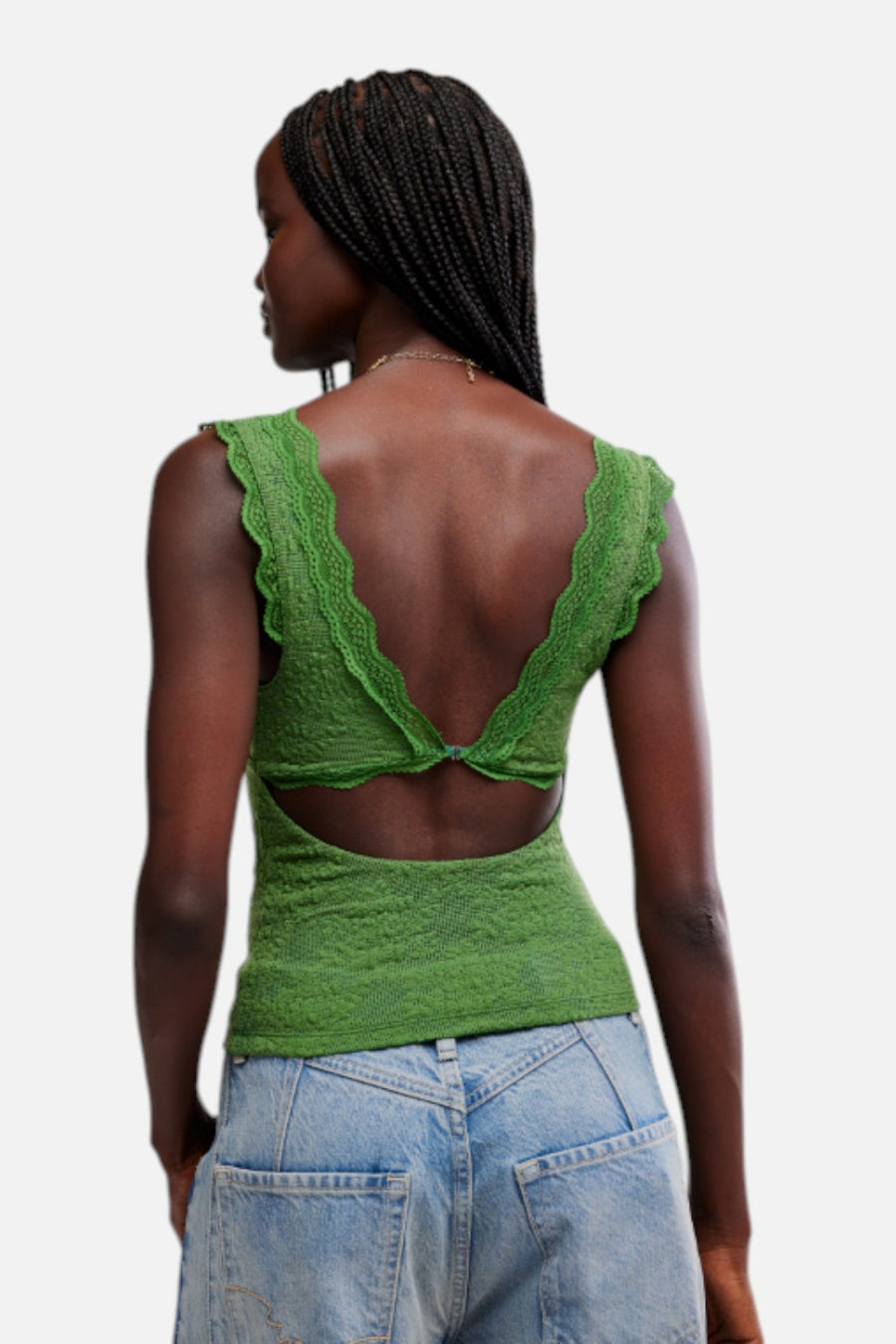 Free People Loved You First Lace Cami in Forest Fairy Green – on model