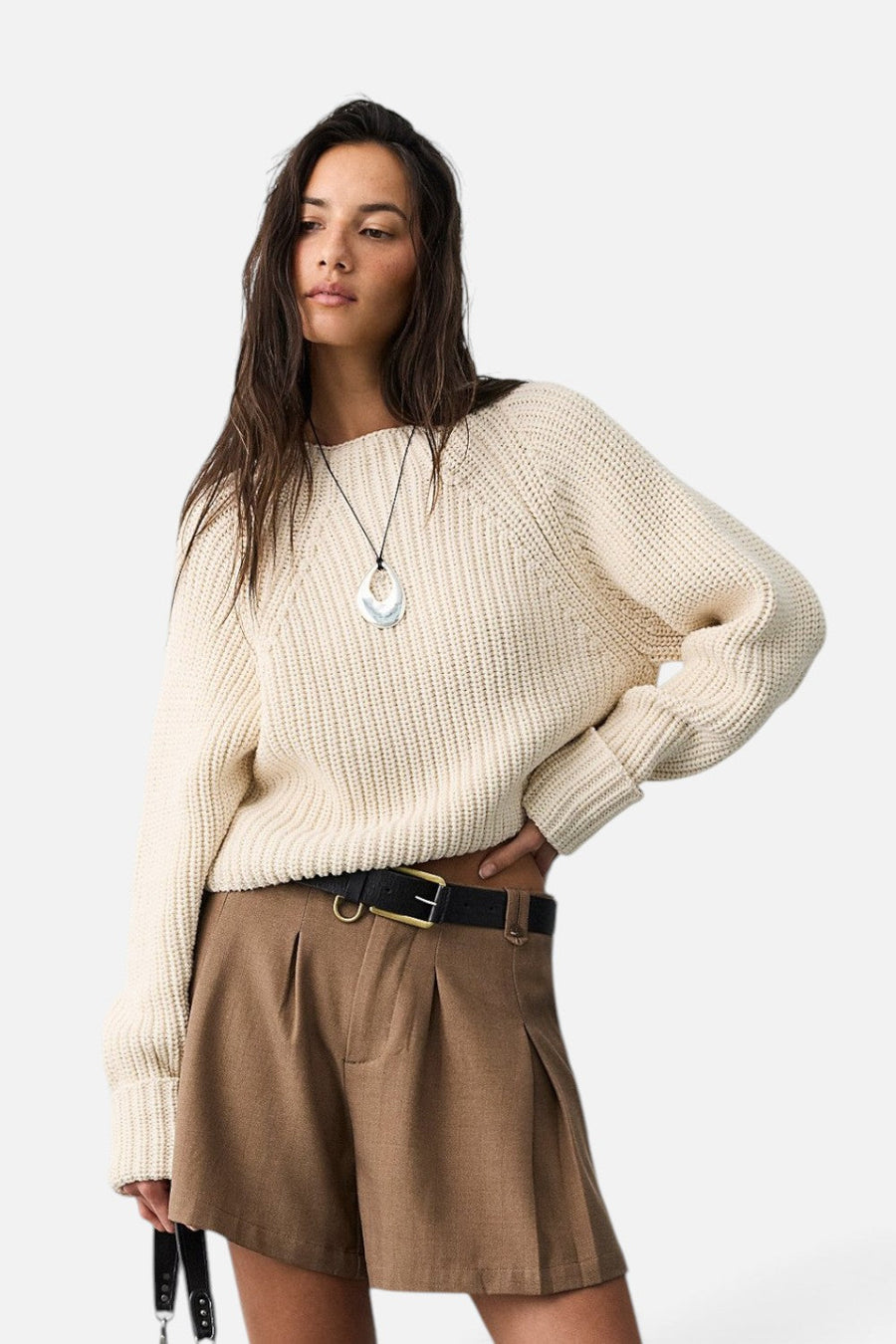 Free People Low Tide Pullover Sweater in Cream – front view