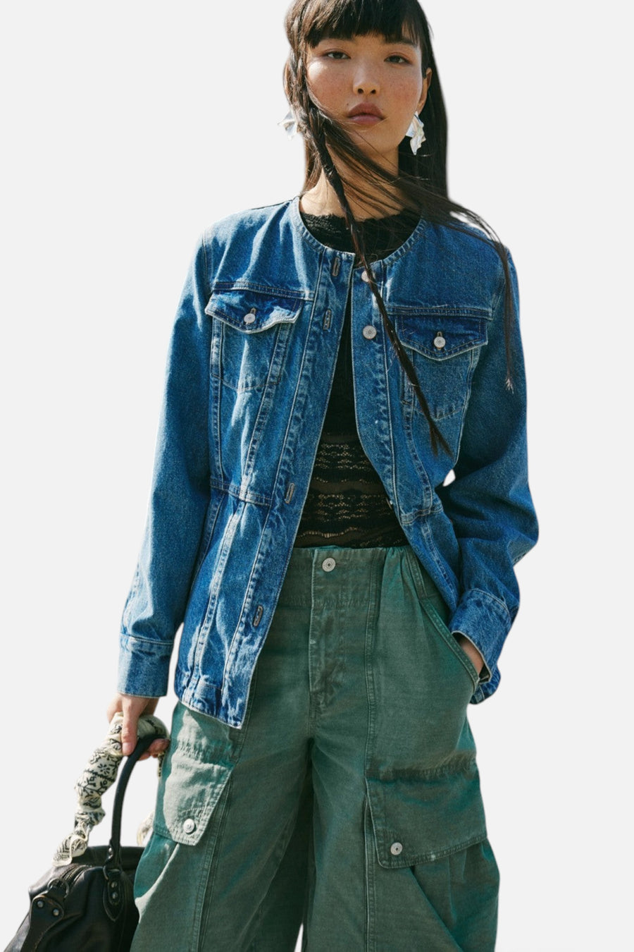 Free People Lula Denim Jacket in River Blues – flat lay