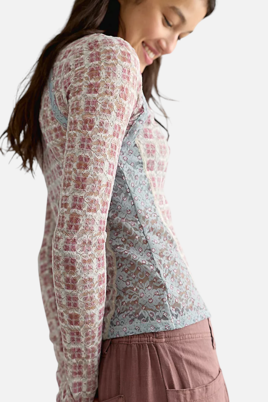 Free People Lyric Sheer Lace Long Sleeve Turtleneck Top in Tea Combo – back view