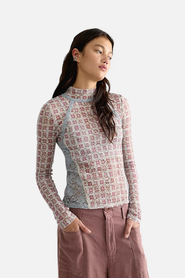 Free People Lyric Sheer Lace Long Sleeve Turtleneck Top in Tea Combo