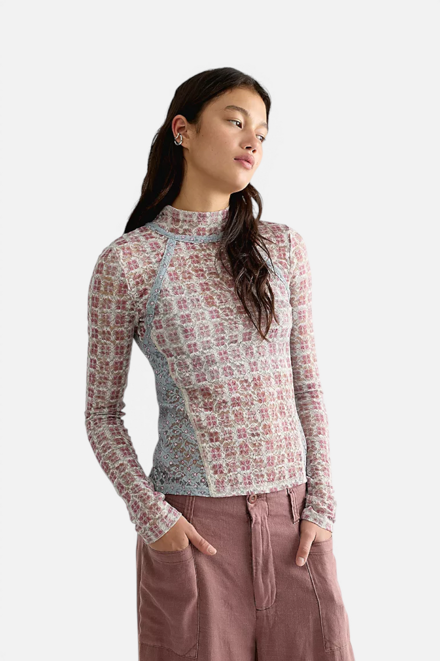 Free People Lyric Sheer Lace Long Sleeve Turtleneck Top in Tea Combo – front view