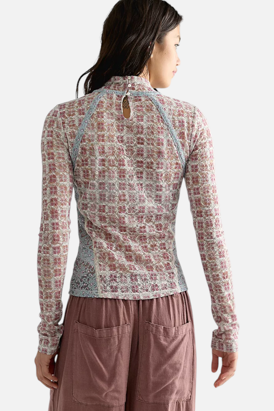 Free People Lyric Sheer Lace Long Sleeve Turtleneck Top in Tea Combo – side view