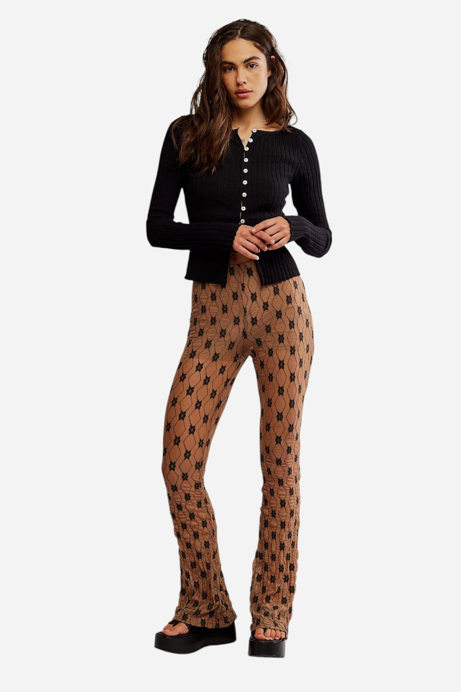 Free People Margot Lace Flare Pants in Woodsmoke – front view