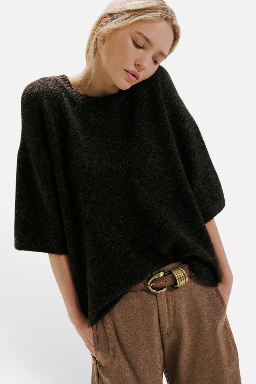 Free People Margot Short Sleeve SoftSpun Sweater Tee in Black – front view