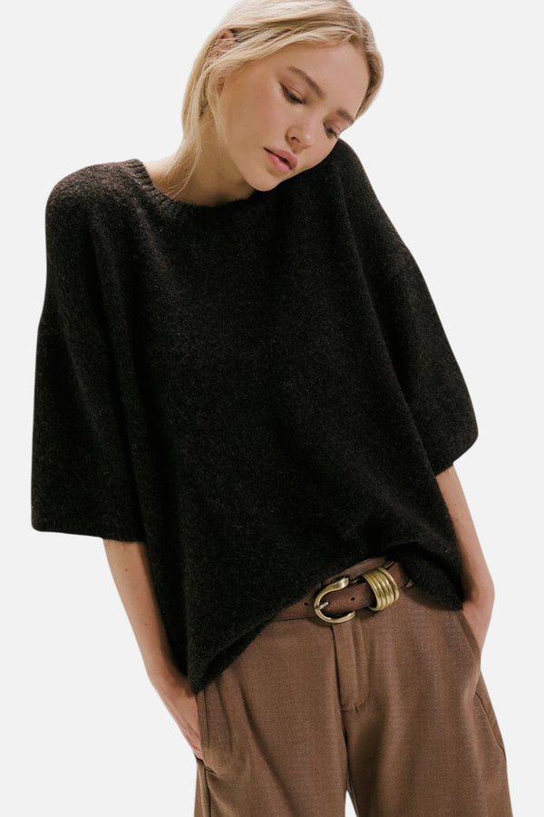 Free People Margot Short Sleeve SoftSpun Sweater Tee in Black