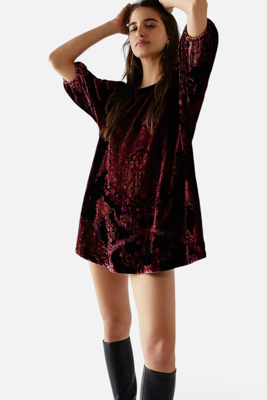 Free People Maye Printed Velvet Tunic Black – front view