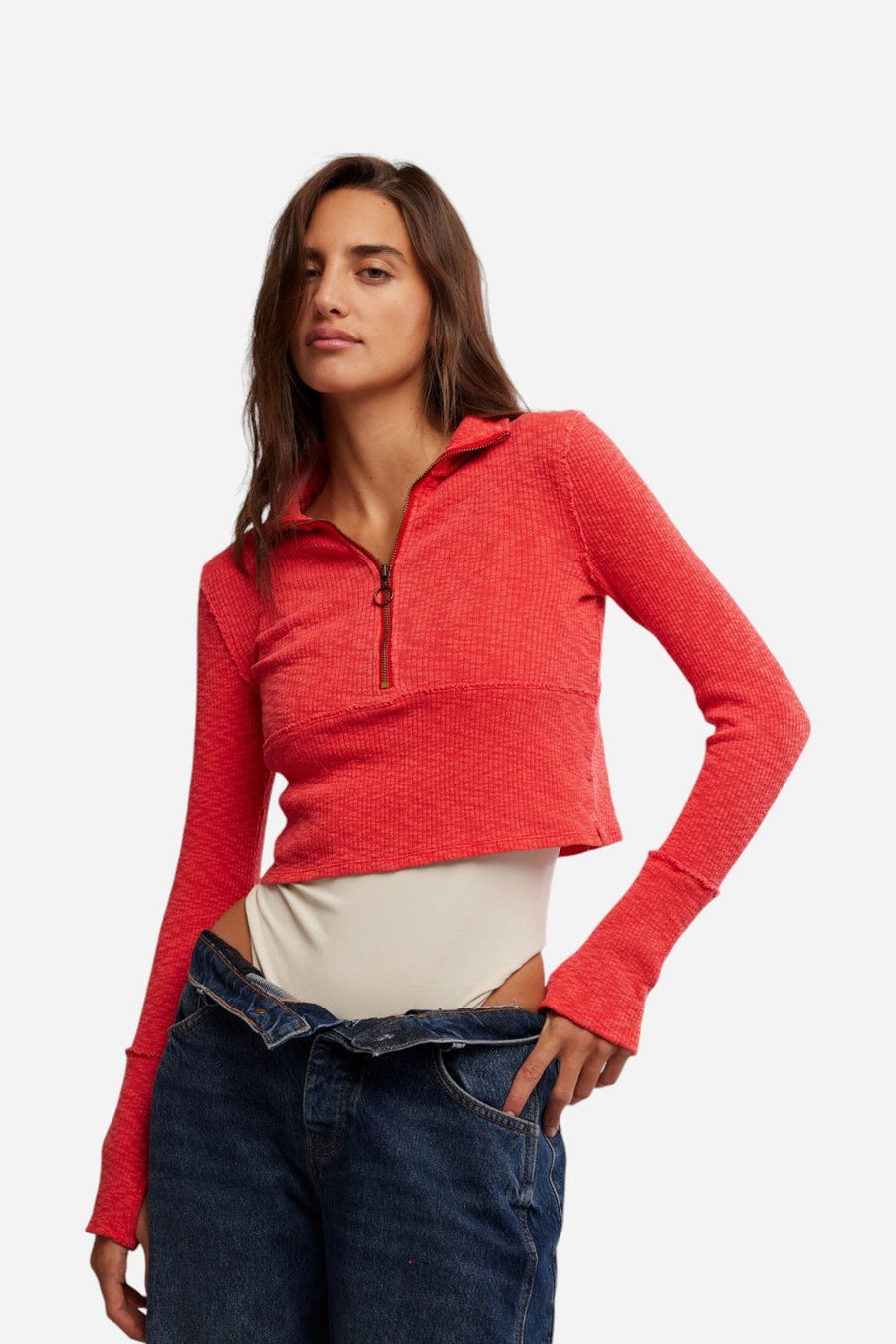 Free People Midnight Half Zip in High Risk Red – front view