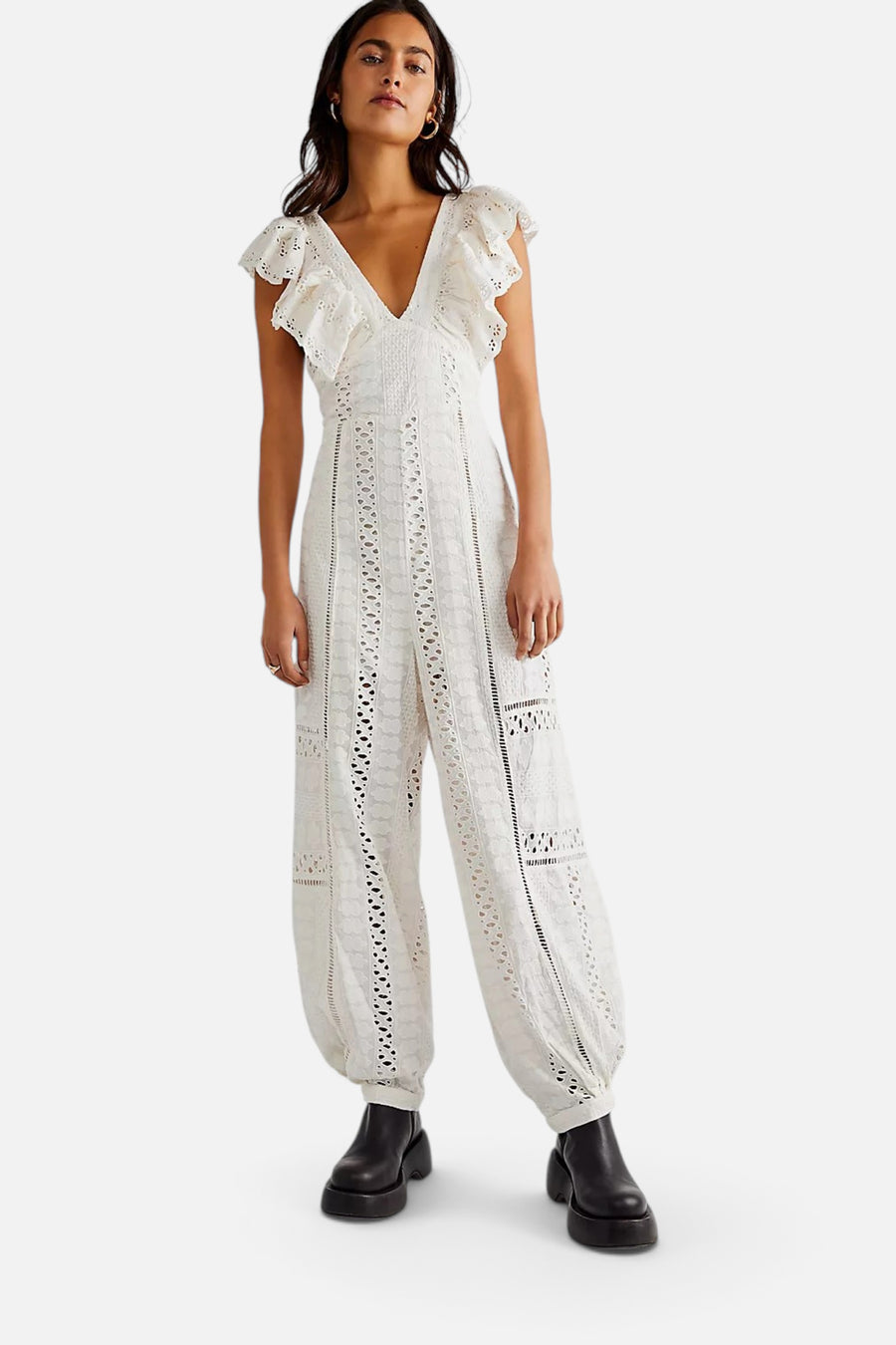 Free People Mikayla Jumpsuit in Ivory – front view