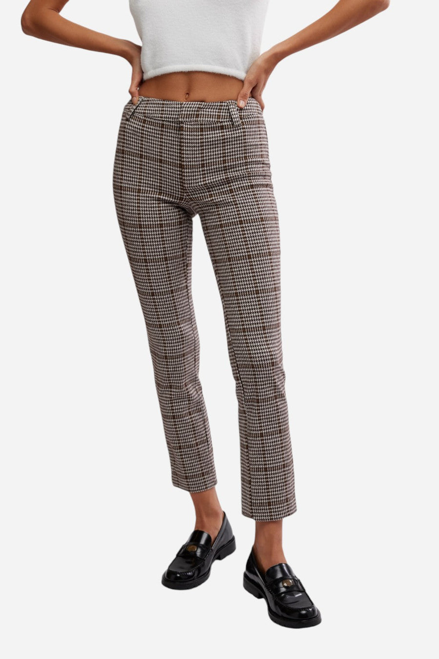 Free People Molly Plaid Slim Pant in Neutral Combo – front view